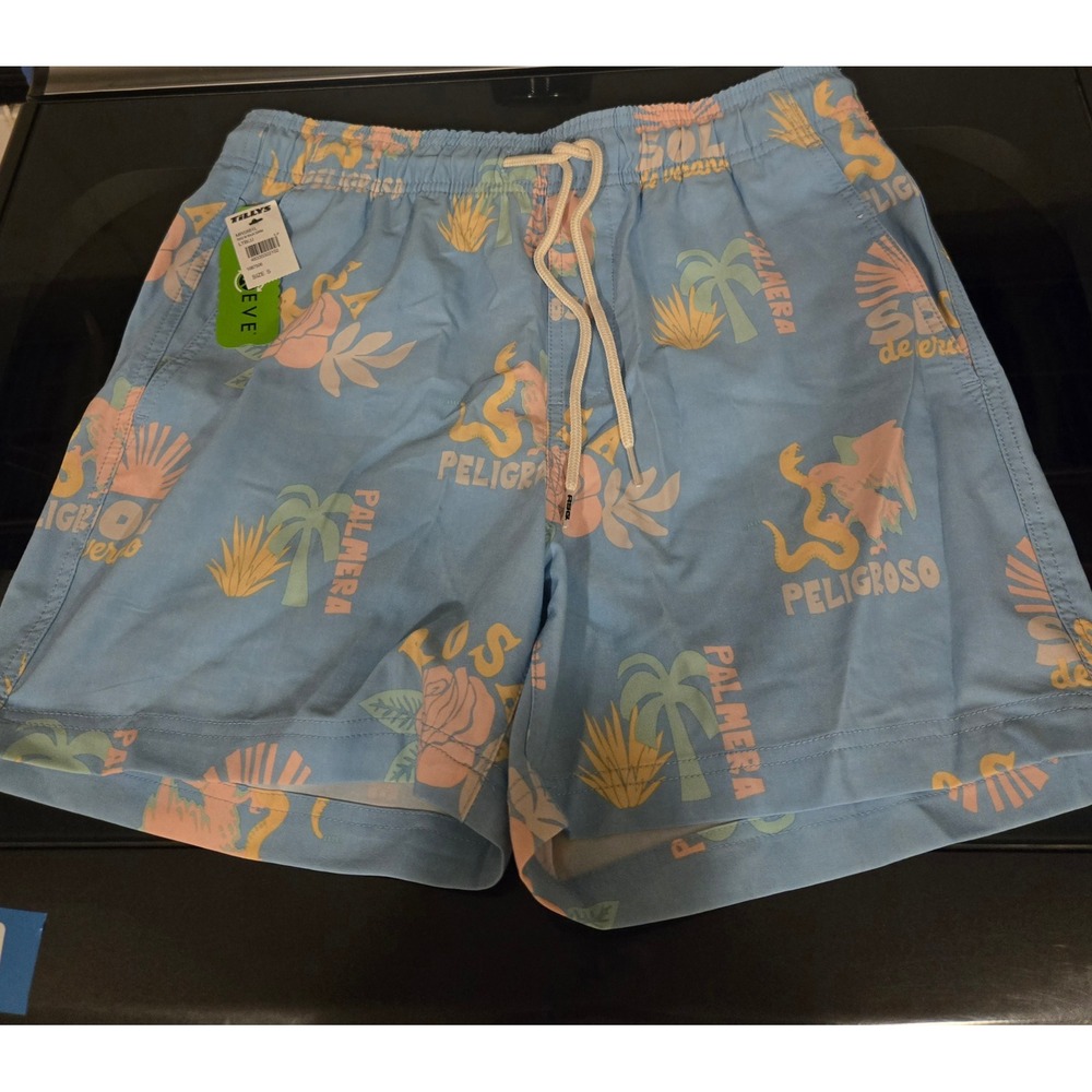 Tillys RSQ Mens M Baja Swim Shorts Size S Light Blue Rose Snake Palm Tree